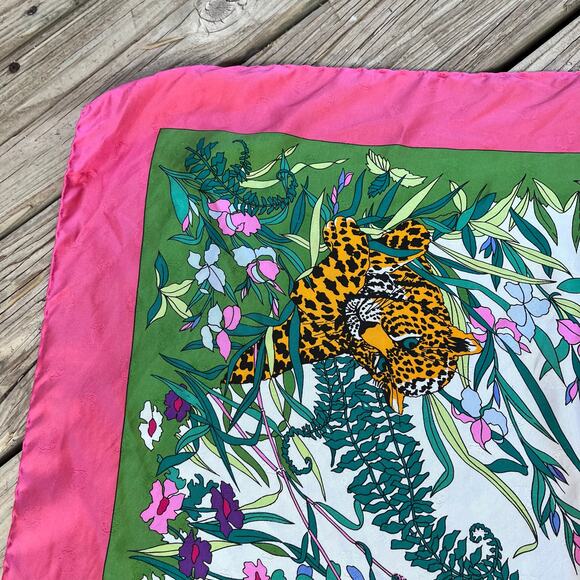 Bayron Women's Vintage Pink And Green Floral Tiger Print Square Scarf 100% Silk - Picture 6 of 10